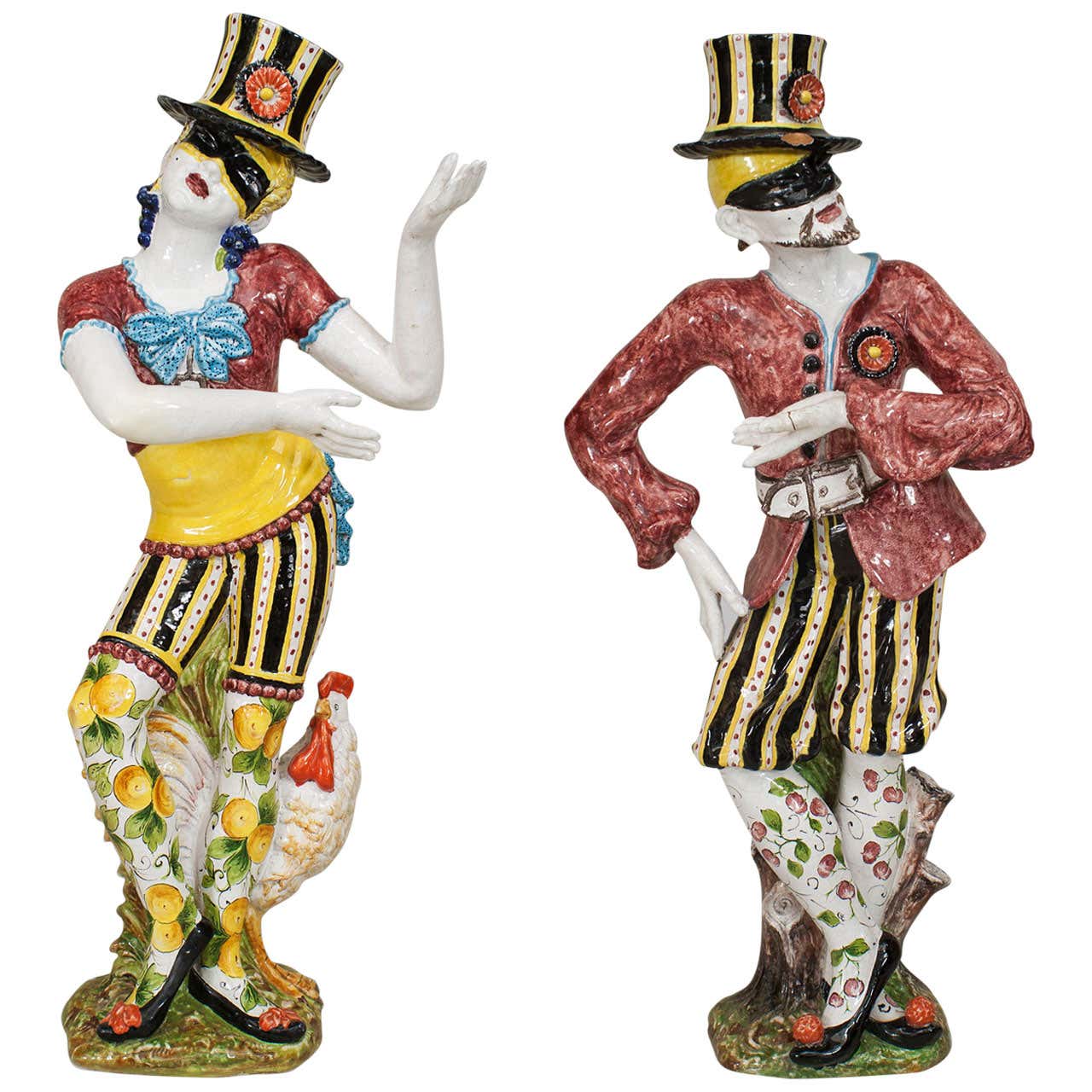 Harlequin Rococo Pair of Turn of the Century Italian Majolica Harlequins For Sale at 1stDibs