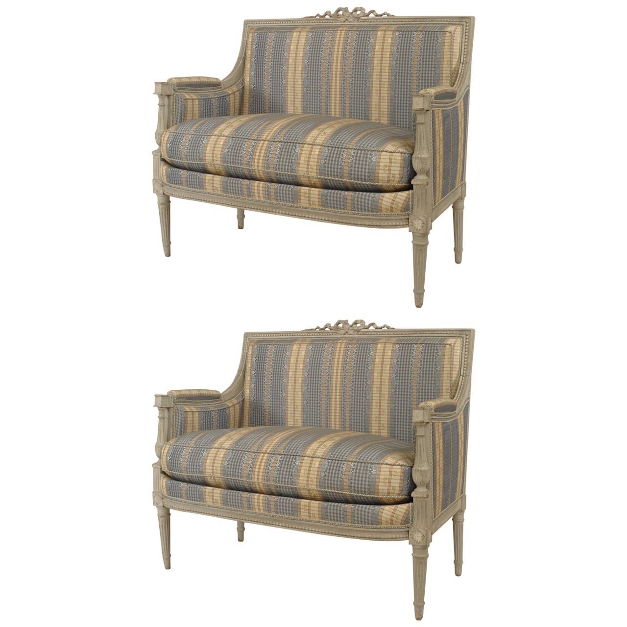 Pair of 2 French Louis XVI Striped Loveseats