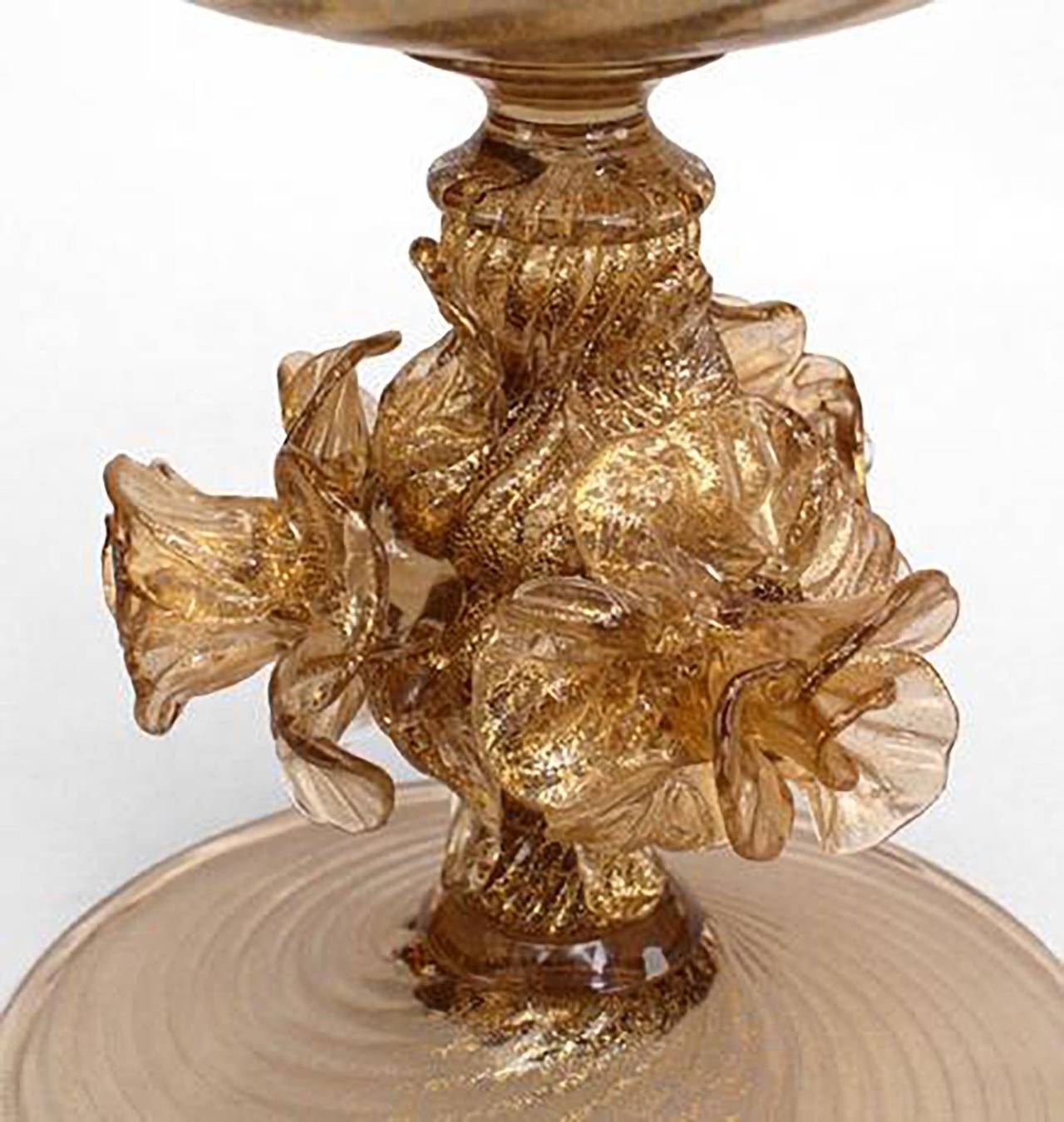 1940's Italian Murano gold dusted blown glass compote with a spiral design and
floral trim on its stem.