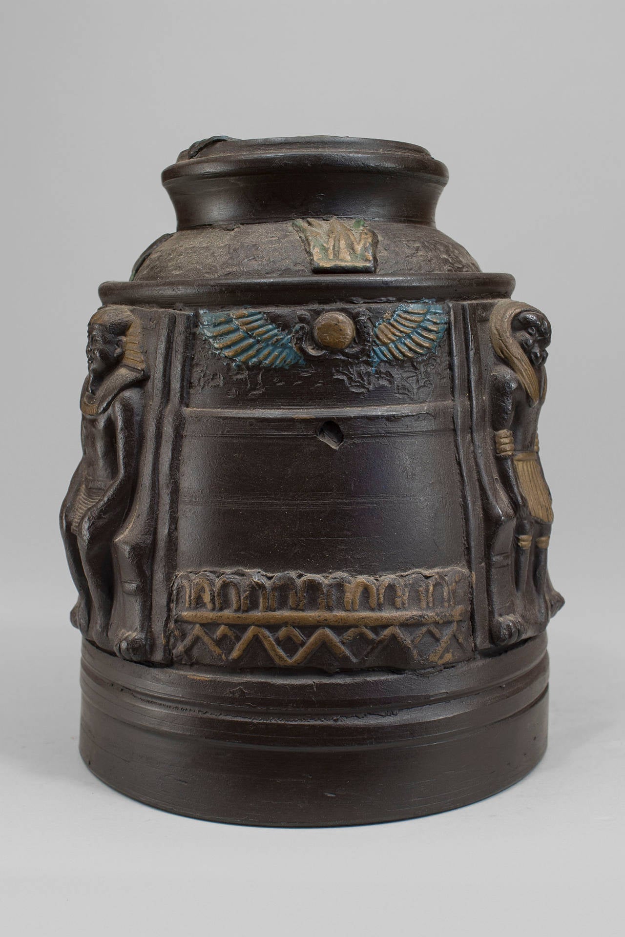 Middle Eastern Egyptian-style (1920's) tobacco jar with lid and classical figures in relief with blue and gold painted trim (made in Japan)
