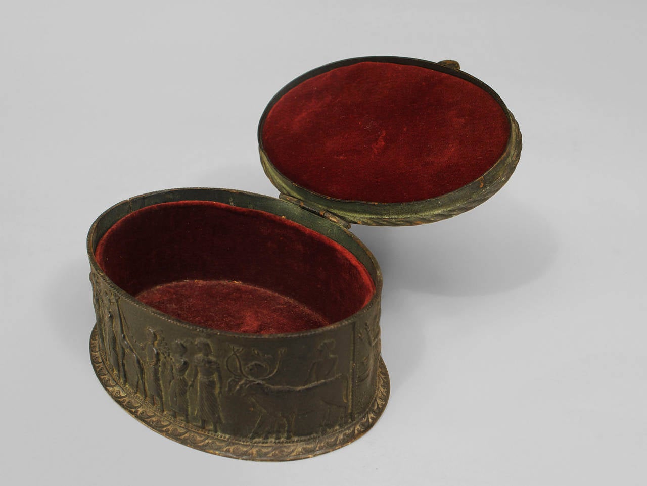 Middle Eastern Egyptian-style (Probably French Late 19th Century) oval dark bronze box with classical figures in relief and top with a scarab and 2 stones
