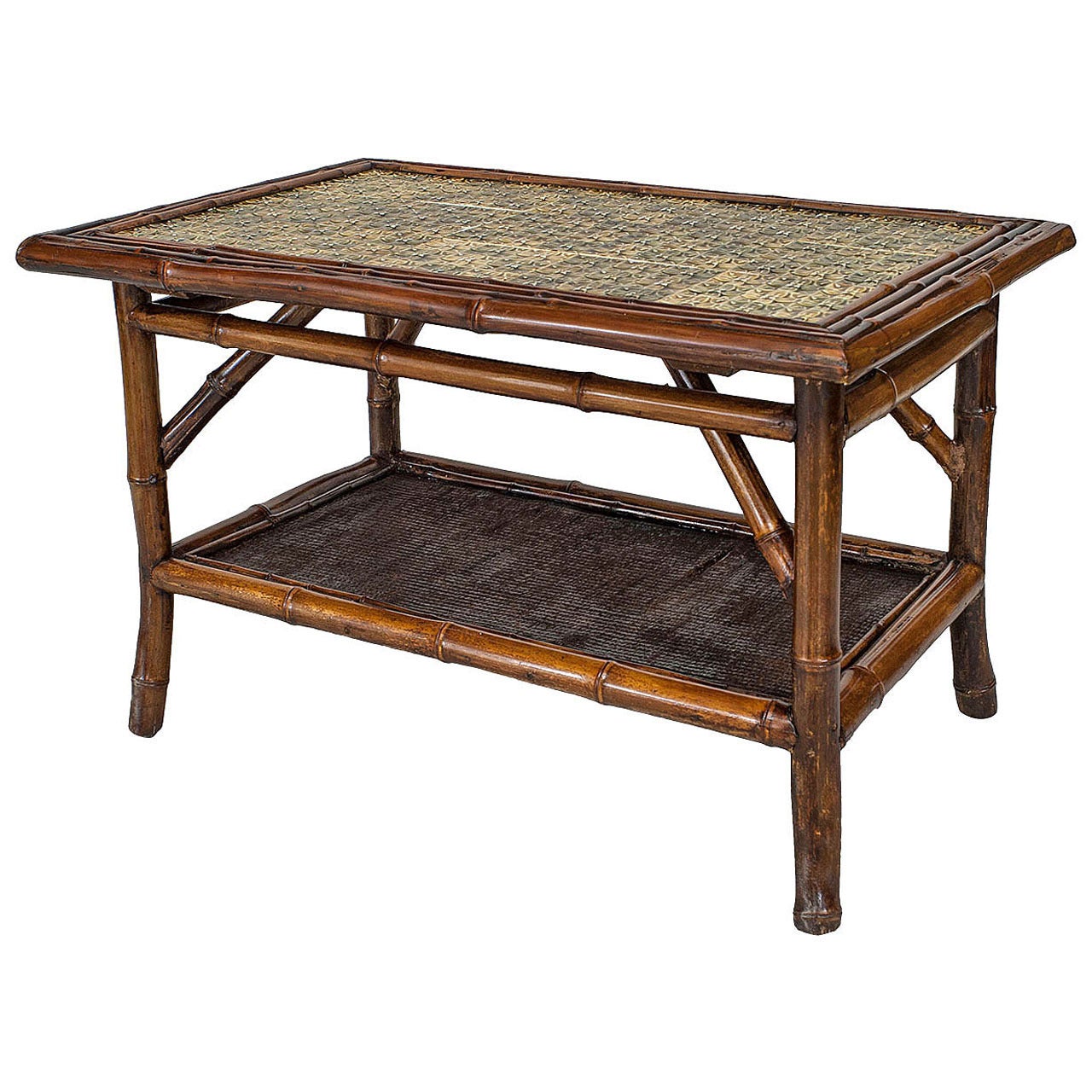 Table basse rectangulaire anglaise en bambou et carreaux verts en vente