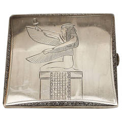 Vintage Egyptian Revival Etched Sterling Silver Cigarette Case, circa 1930s