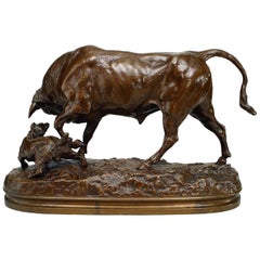 Antique French Bronze Figure of a Charging Bull by Valton