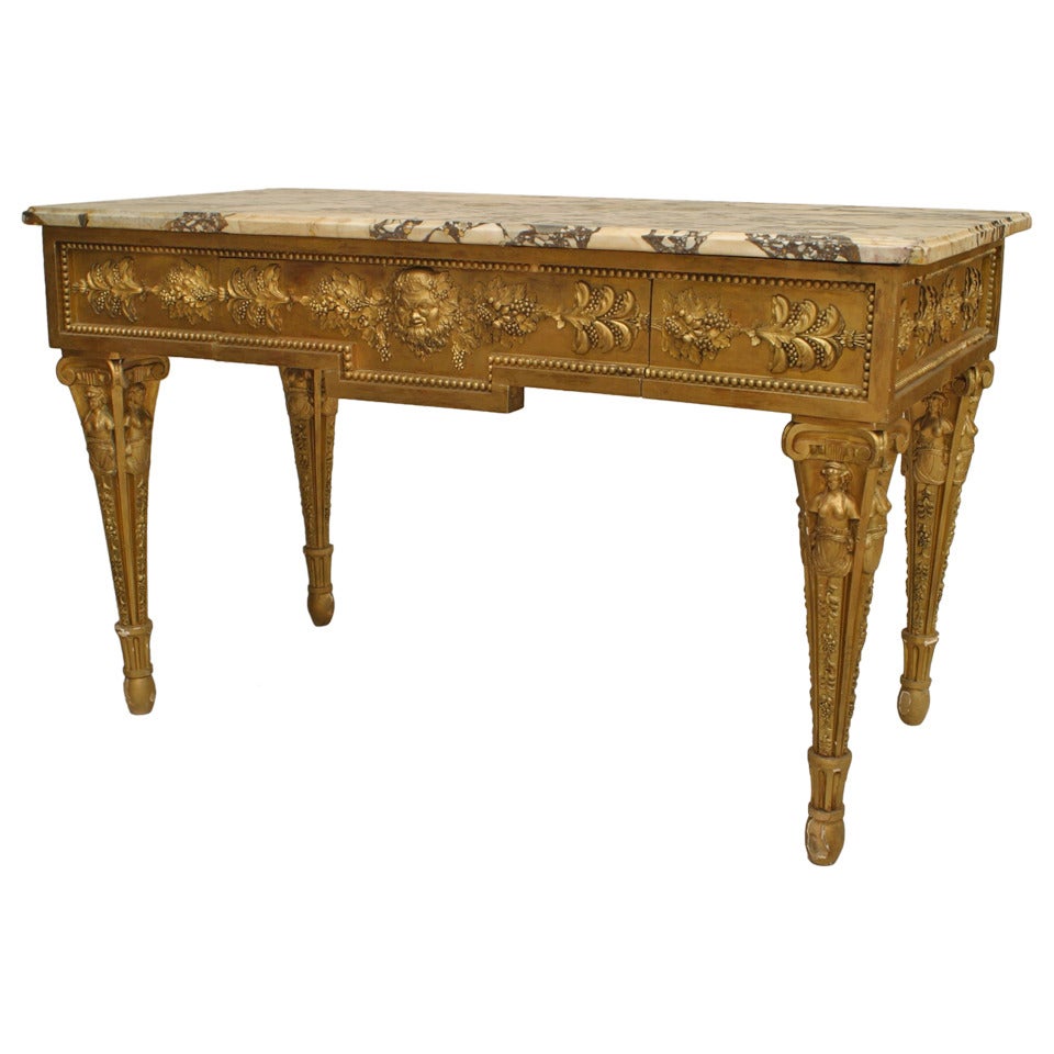 Table console italienne néo-classique dorée et marbrée