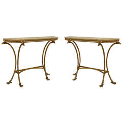 Pair of 20th c. French Louis XVI Style Marble and Bronze Dore Consoles