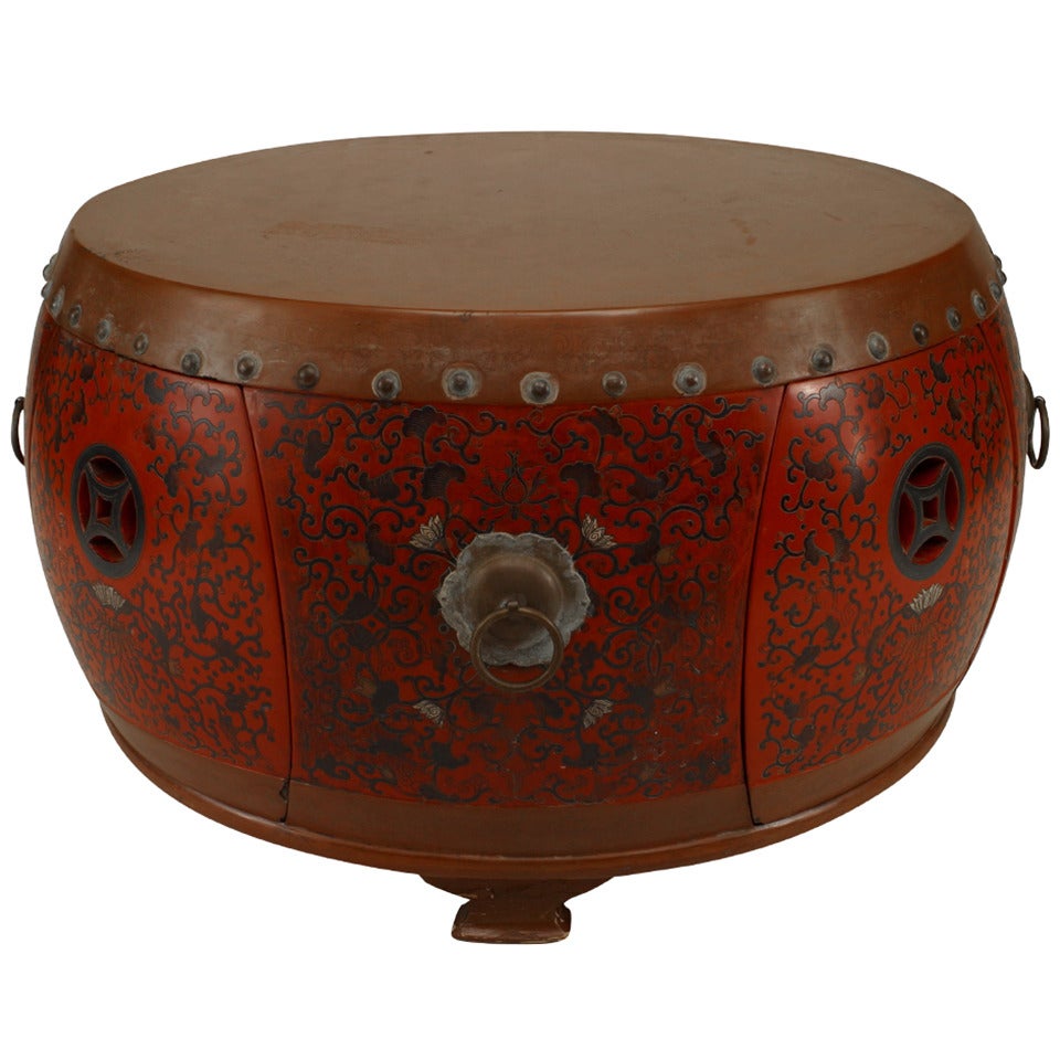 Asian Chinese Style Red Coromandel Drum Coffee Table