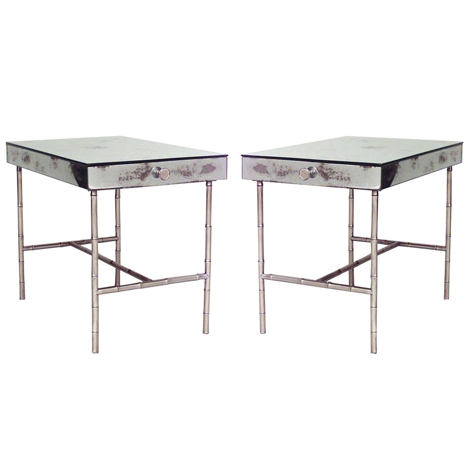 Pair of French Mid-Century Mirrored Low End Tables For Sale