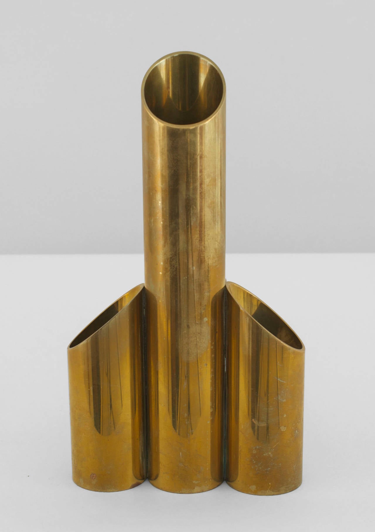 Mid-Century Modern Pair of Post-War Brass Cylinder Andirons For Sale