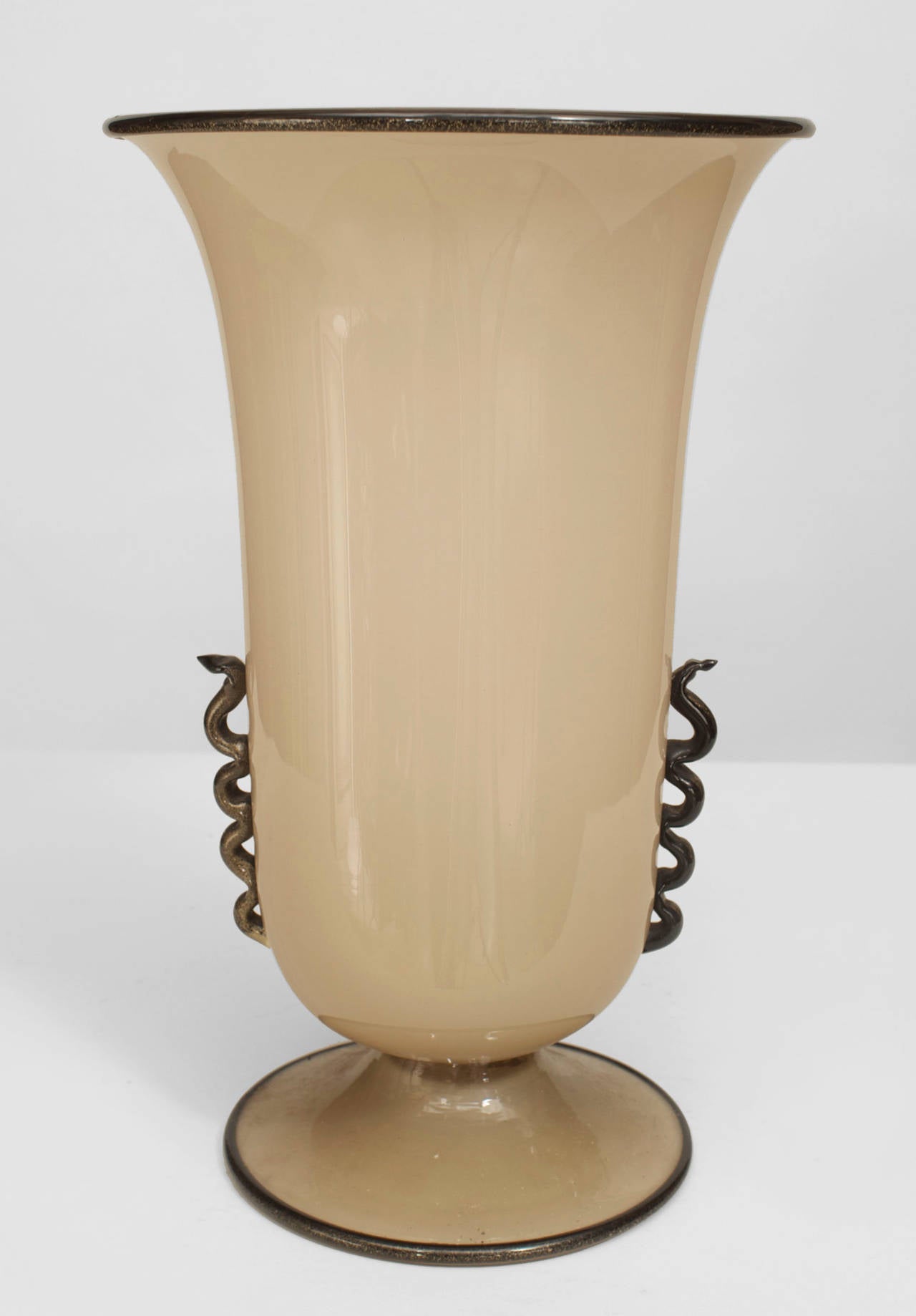 Italian Pair of 1930s Venini Black-Trimmed Beige Murano Glass Table Lamps