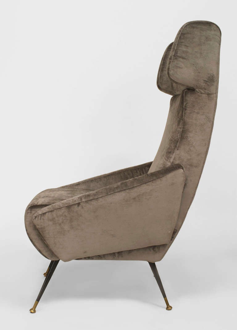 Mid-20th Century Pair of Italian Grey Velvet Wing Armchairs For Sale