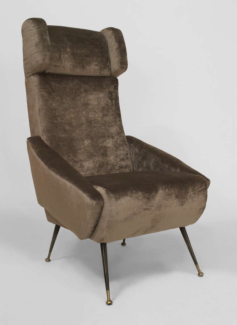 Wood Pair of Italian Grey Velvet Wing Armchairs For Sale