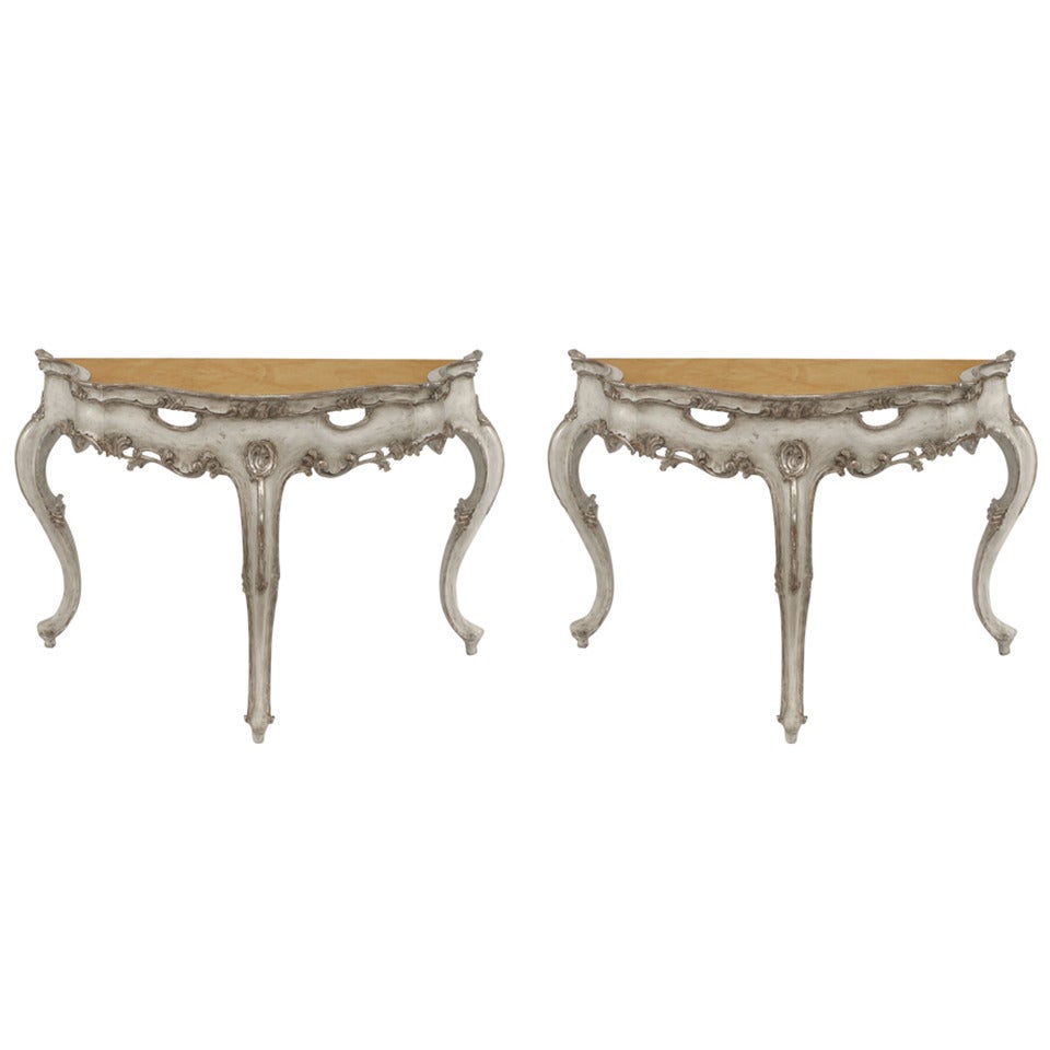 Pair of Italian Rococo Silver Gilt Marble Top Console Tables For Sale