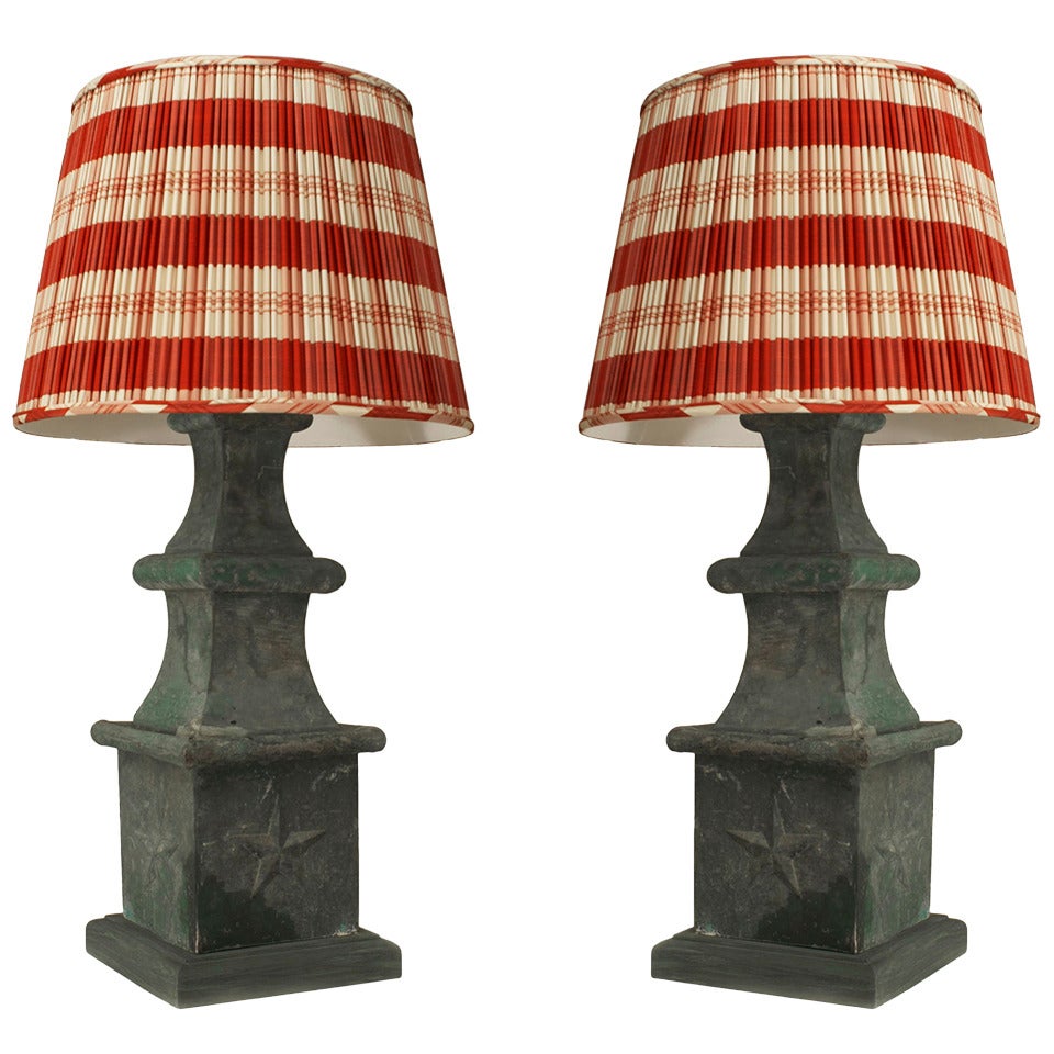 Pair of American Victorian Green Tole Table Lamps