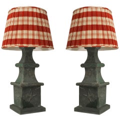 Antique Pair of American Victorian Green Tole Table Lamps