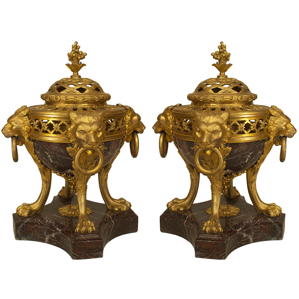 Pair of French Victorian Bronze and Marble Compotes