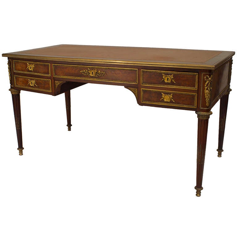 Late 19th c. Louis XVI Style Bronze Trimmed Mahogany Desk For Sale at