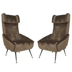 Pair of Italian Grey Velvet Wing Armchairs