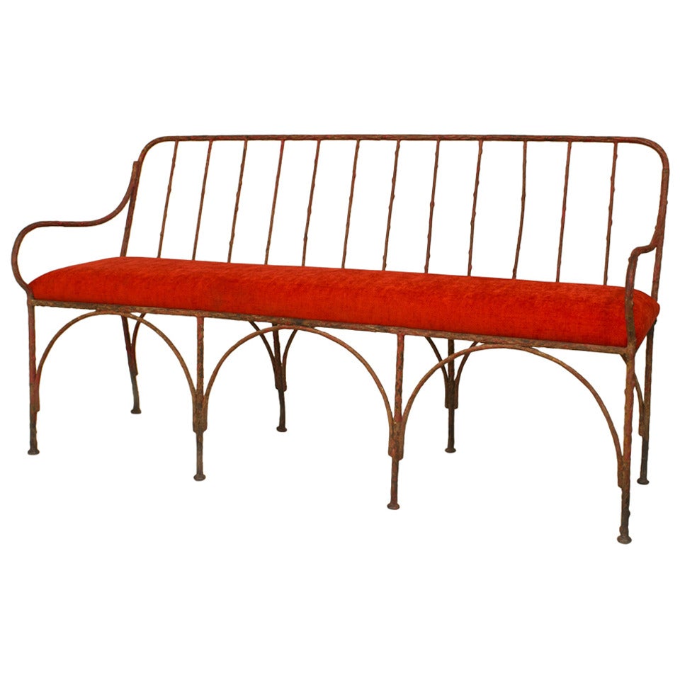 French Art Moderne Wrought Iron Bench with Upholstered Seat
