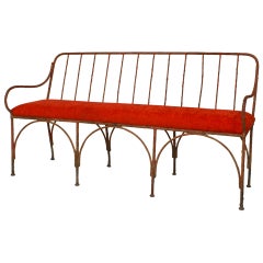 Vintage French Art Moderne Wrought Iron Bench with Upholstered Seat