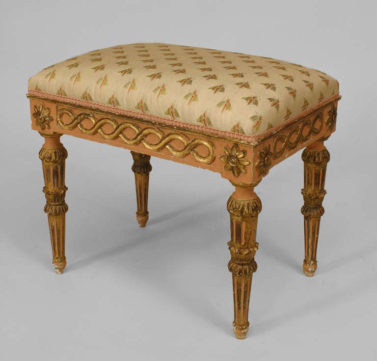 Italian Neo-classic (18th Century) pink painted and gilt trimmed rectangular bench with carved apron and legs and upholstered seat
