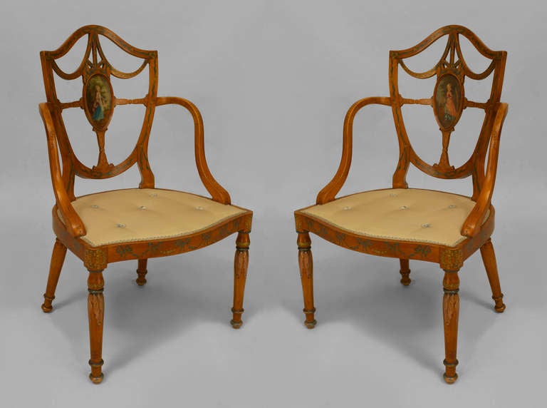 Set of 3 English Sheraton style (late 19th Cent) satinwood salon set with shield back and painted floral decoration with centered 18th Cent ladies (2 arm: 22¬Ω