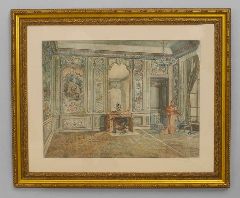 Nineteenth century Italian Venetian watercolor depicting a Cardinal standing in the background of a lavishly decorated interior. The painting is signed and dated at the lower right and mounted within a gold carved frame.