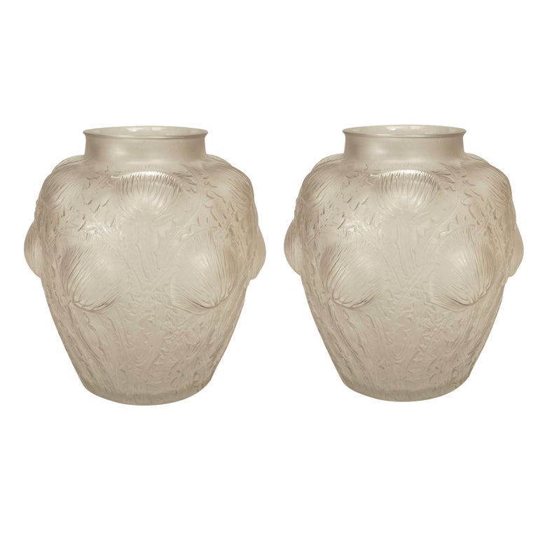 Pair of French Art Deco Frosted Glass Domremy Lalique Vases For Sale at  1stDibs | lalique domremy vase