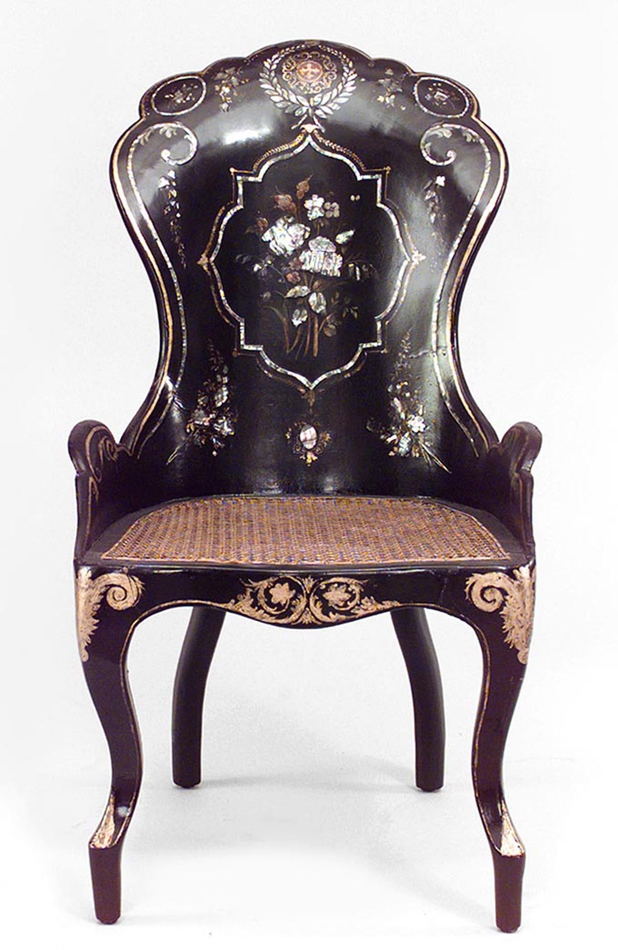 19th Century 19th c. English Papier Mache Pearl-Inlaid Lacquered Side Chair