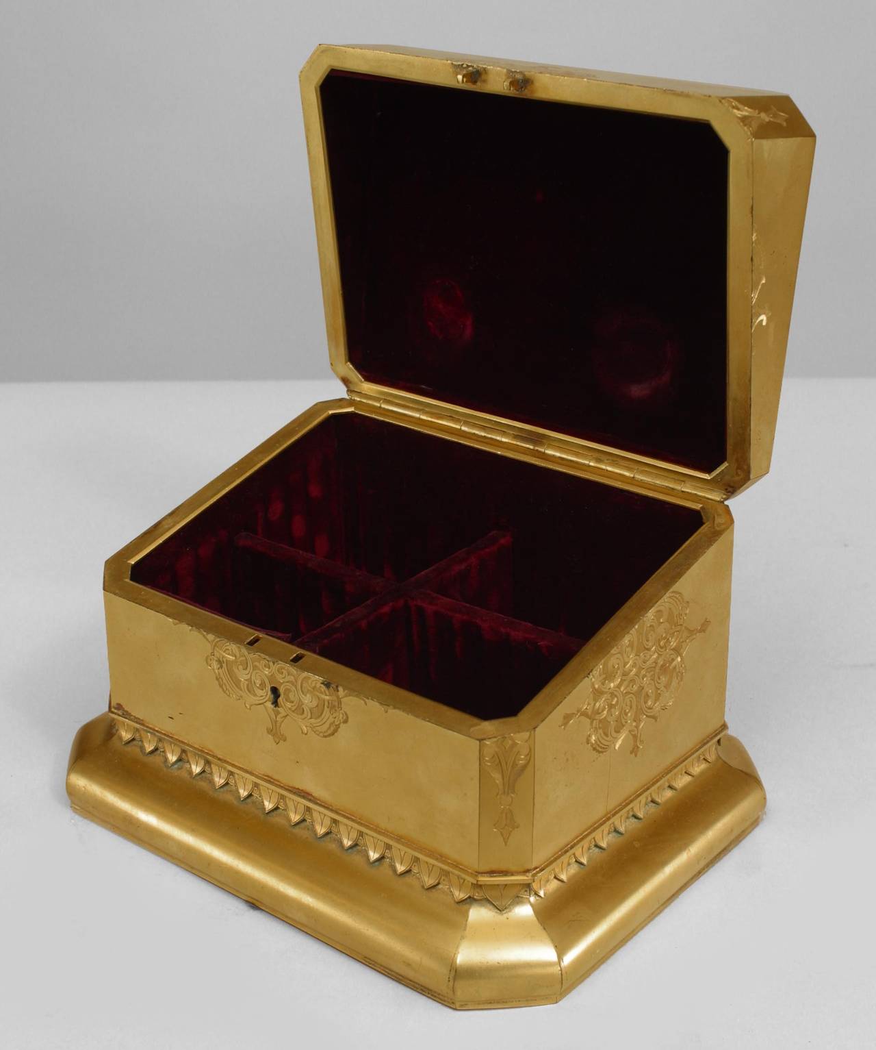 19th Century French Louis XV style rectangular bronze dore box with etched designs and a coral cameo top depicting a woman. Interior has four compartments and is lined in purple velvet.