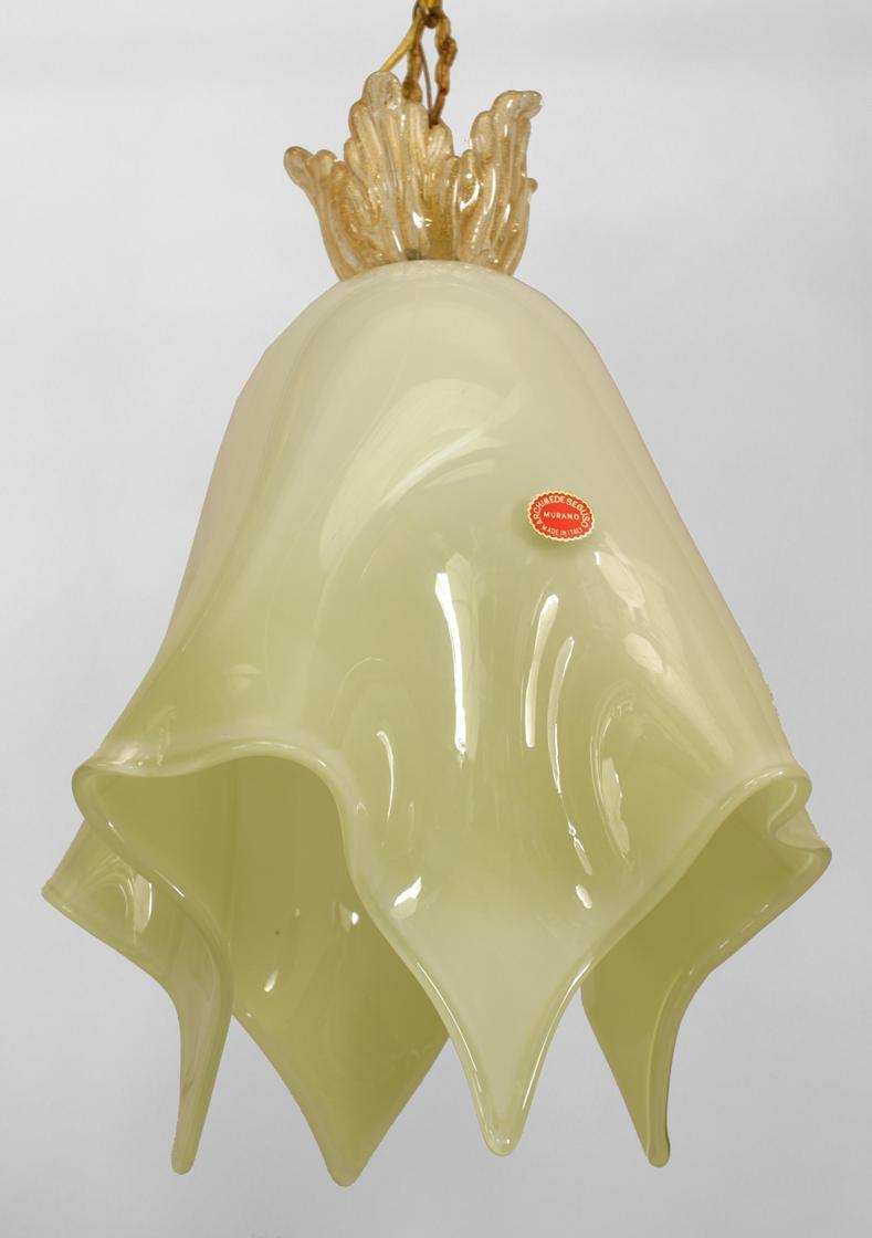 Italian 1950s Venetian Murano light green cased glass lantern with handkerchief form and gold dusted flower finial top with gilt metal canopy. (ARCHIMEDI SEGUSO) (maker's label attached)
