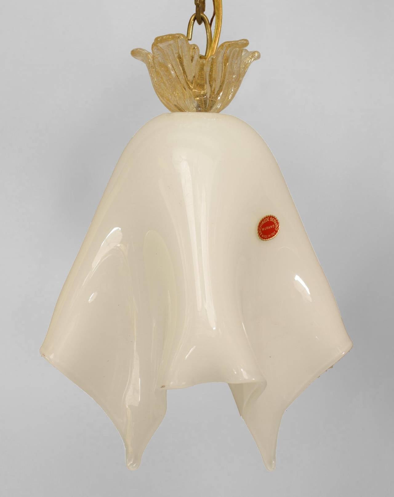 Italian 1950s Venetian Murano white glass lantern with handkerchief form & gold dusted flower finial top and gilt metal canopy. (ARCHIMEDI SEGUSO) (maker's label attached)
