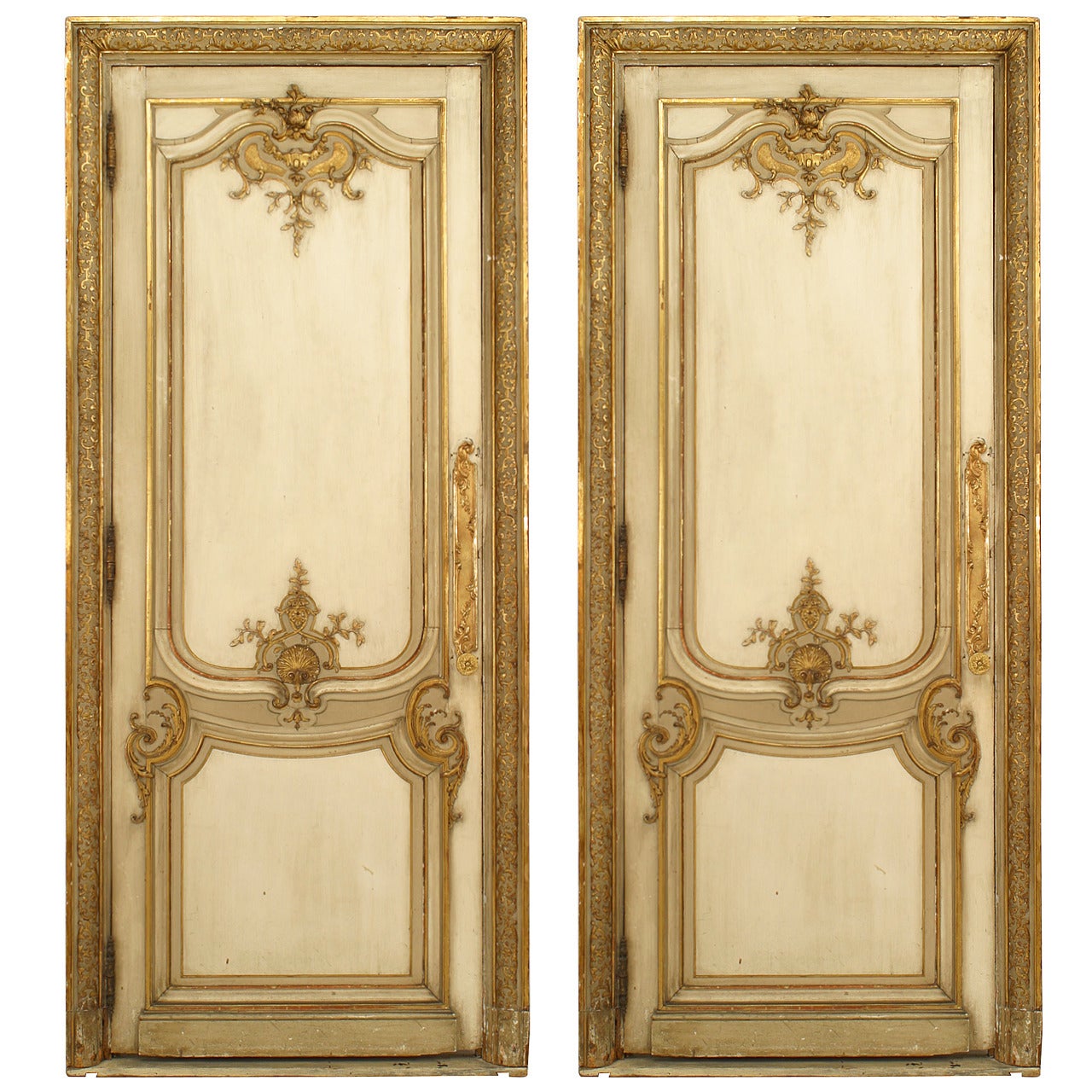 Pair of French Louis XV Style White and Gold Painted Doors