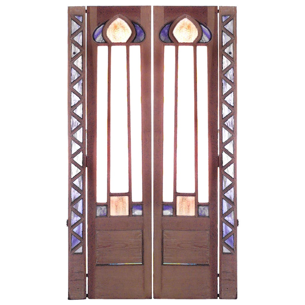 Pair of English Arts & Crafts Stained Glass and Wood Doors For Sale