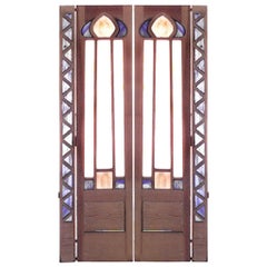 Antique Pair of English Arts & Crafts Stained Glass and Wood Doors