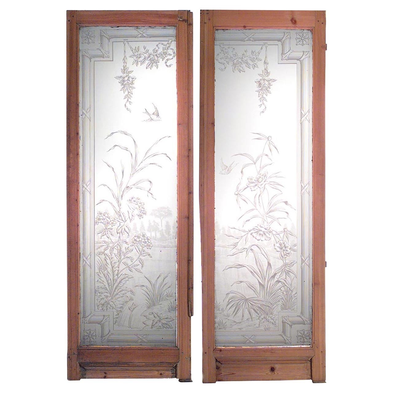 Pair of French Louis XVI Style Etched Glass and Stripped Pine Doors