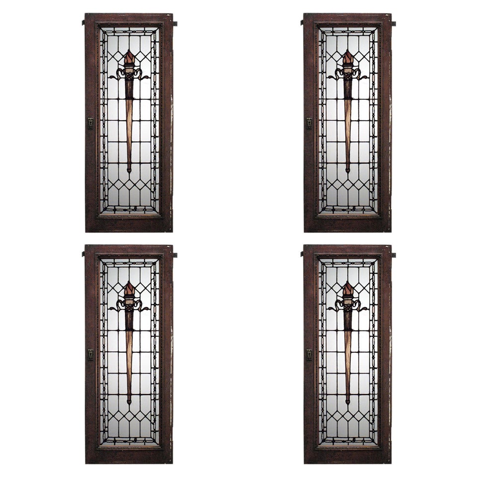 Set of Four 19th Century American Mahogany and Stained Glass Windows
