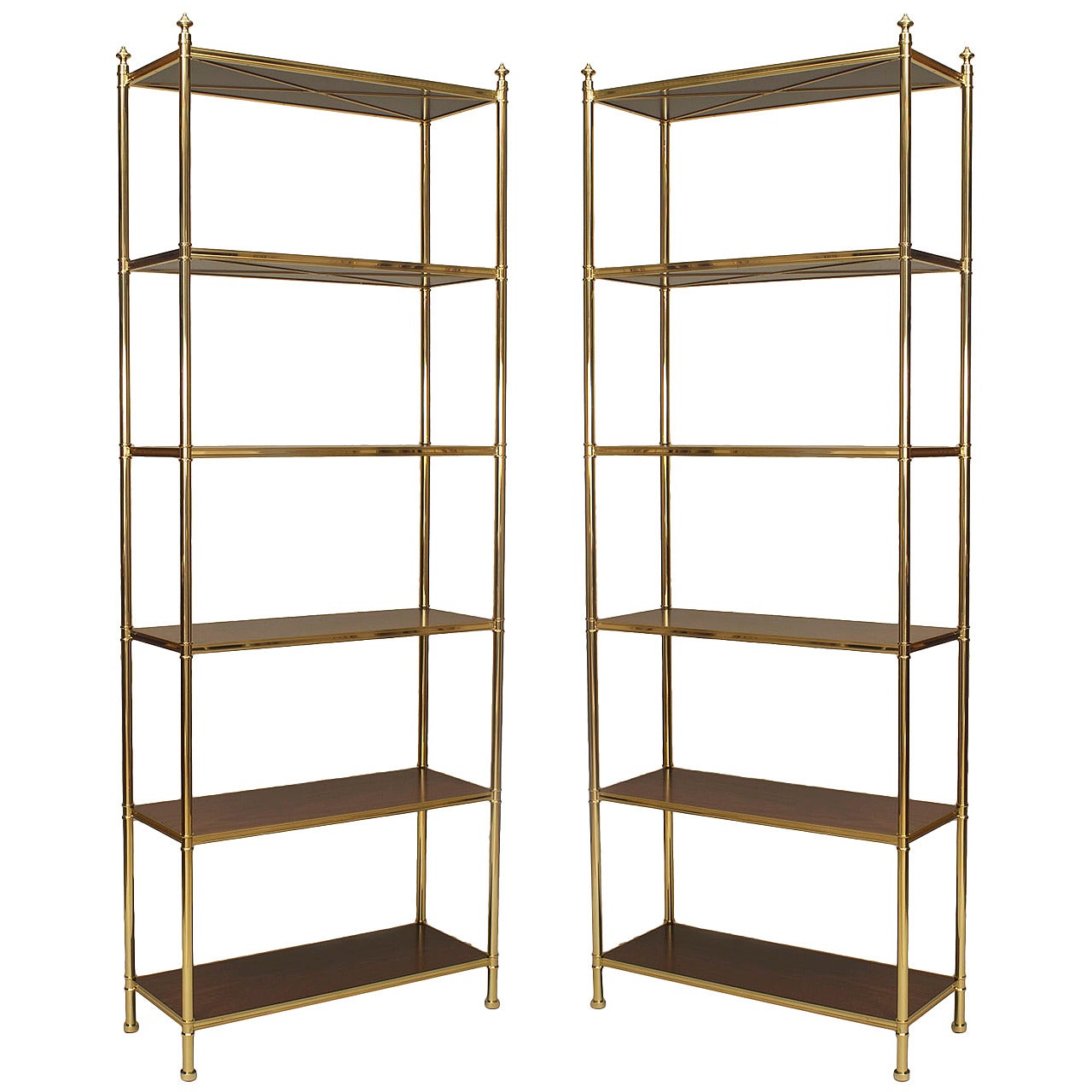 Two Modern American, Brass-Trimmed Mahogany Etageres by Carole Gratale