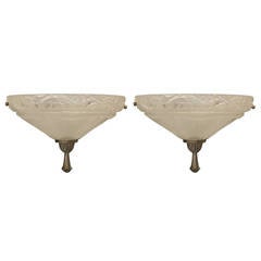 Pair of French Art Deco Molded Frosted Glass Sconces Attributed to Sabino