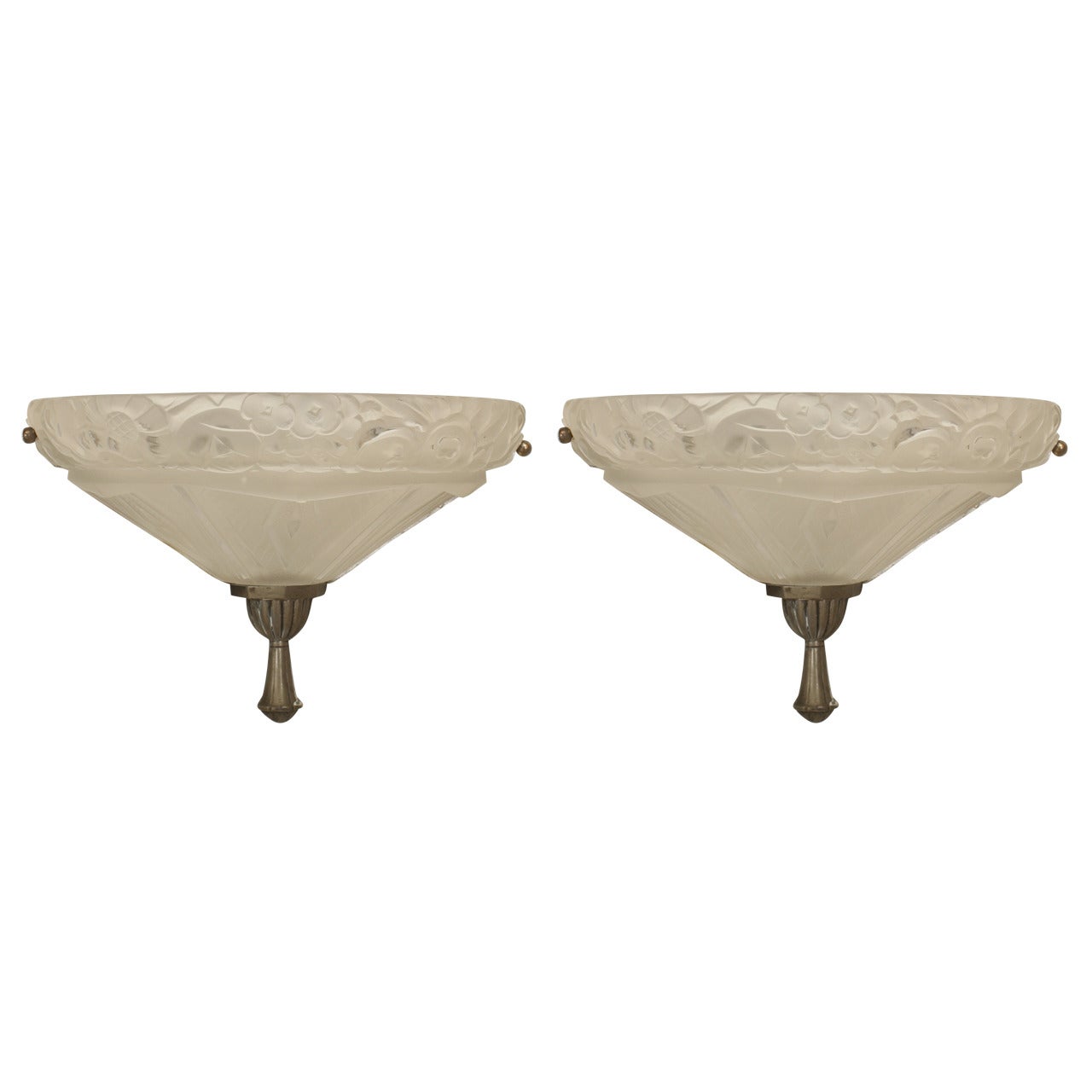 Pair of French Art Deco Molded Frosted Glass Sconces Attributed to Sabino