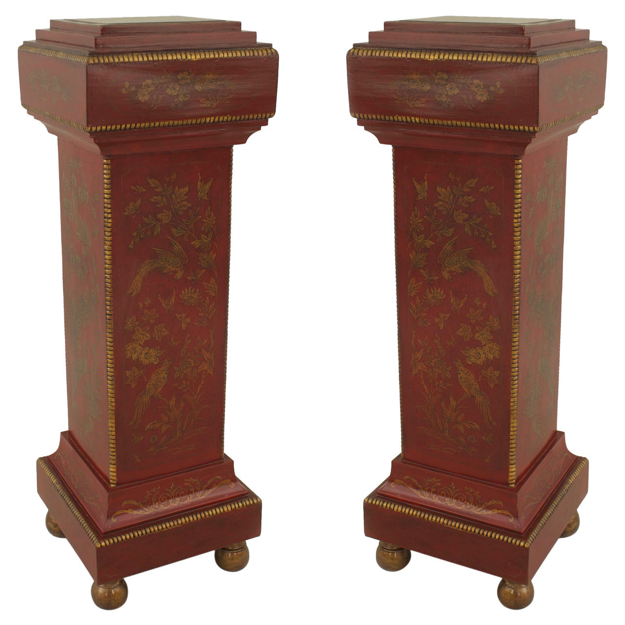 Pair of English Regency Red Lacquered Pedestals For Sale