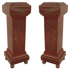 Vintage Pair of English Regency Red Lacquered Pedestals