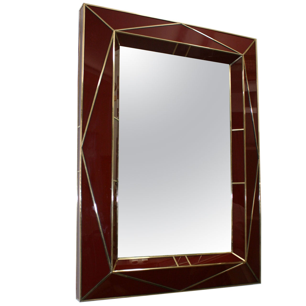 Custom Contemporary Dark Red Faceted Glass and Brass Wall Mirror 