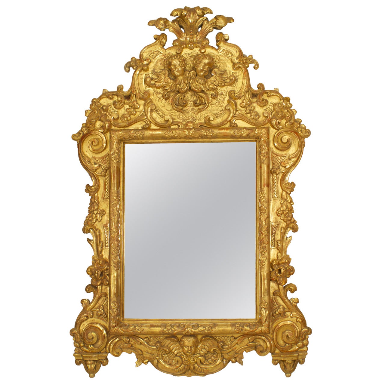 Italian Rococo Carved Giltwood Cupid and Floral Design Wall Mirror For Sale