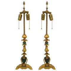 Pair of French Louis XV Style Green Agate and Ormolu Table Lamps 6