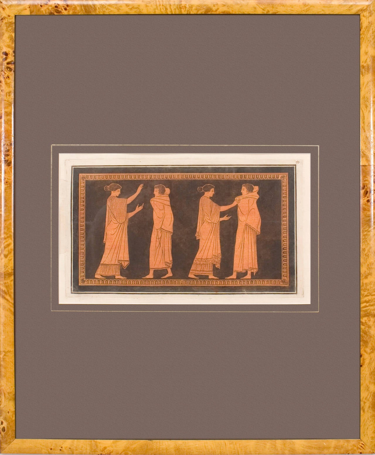 Set of 4 Grecian style orange and black prints with figures and a cover page with beige matting in light burl wood frames

