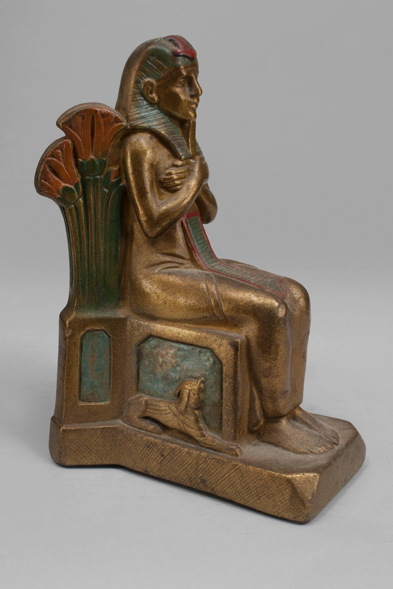 Painted Pair of Early 20th Century Czech, Egyptian Revival Seated Pharaoh Bookends For Sale