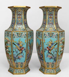 Pair of French Victorian Chinoiserie Blue Enamel and Cloisonne Vases