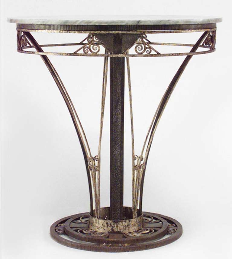 French Art Deco wrought iron end table with a grey marble top and filigree apron and base.
