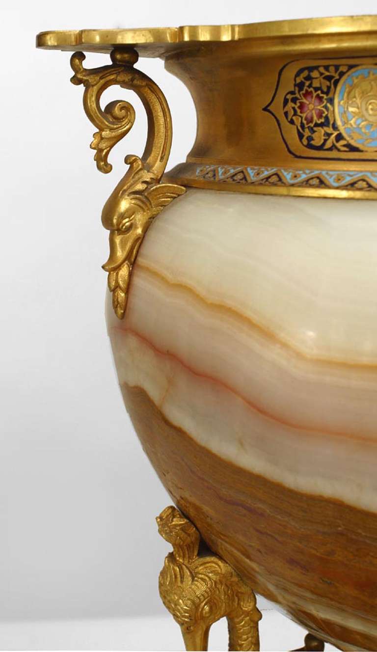Cloissoné Pair of 19th Century French Onyx and Bronze Dore Mounted Urns For Sale